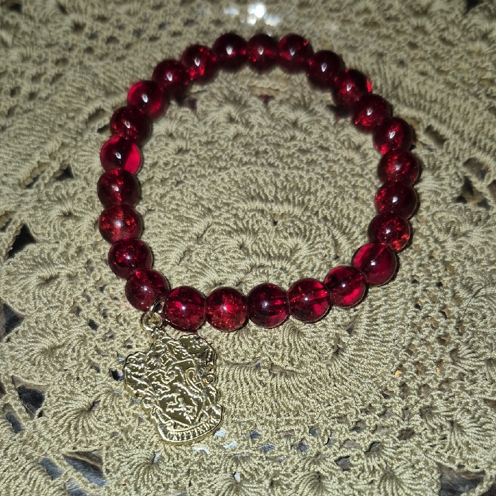 Crimson Beaded Harry Potter Bracelet With Griffindor Gold Charm